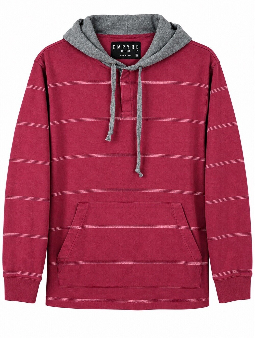 Empyre Mens M Pullover Hoodie Red Gray Striped Henley Skate Streetwear Cotton